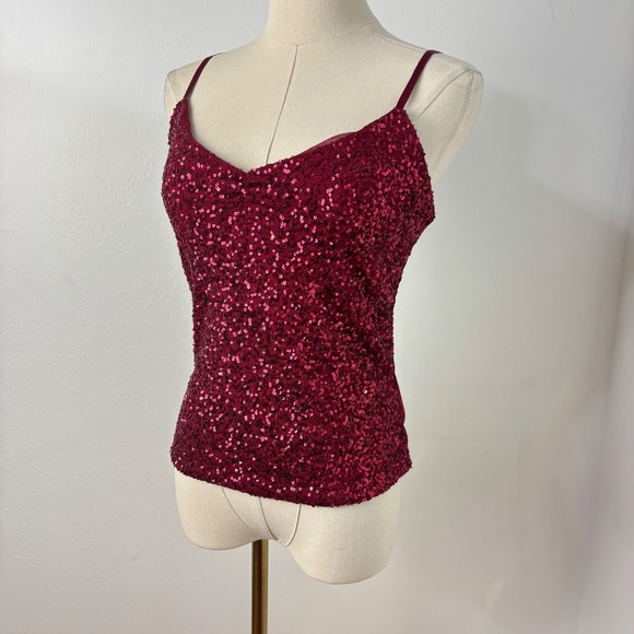 The Limited Tops - Y2K The Limited Burgundy Sequin Babydoll Camisole Party Nylon Mesh Top Women M